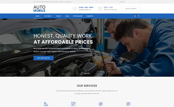 Auto repair workshop website with a services overview grid
