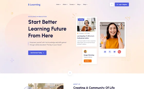E-learning platform homepage with a live class preview