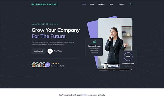 Business finance website with a dark hero and mobile app preview