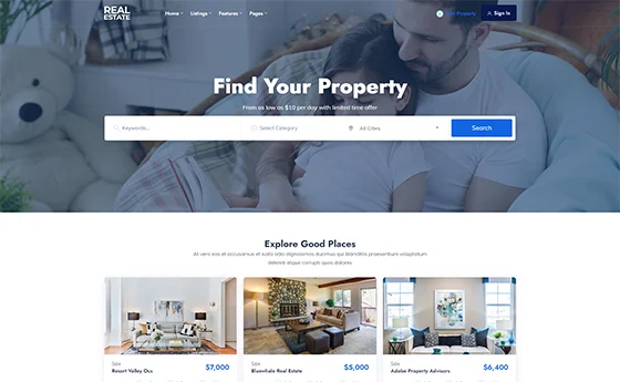 Property search portal with a filter bar and listing results