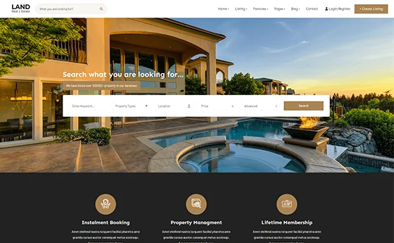 Luxury property portal with a search overlay on estate photography